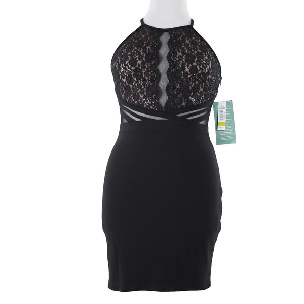 R & M Collection NEW $90 Sz 14 Black Nude Sheer Mesh Inserts Sequin Nylon Dress