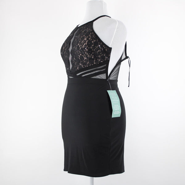 R & M Collection NEW $90 Sz 14 Black Nude Sheer Mesh Inserts Sequin Nylon Dress