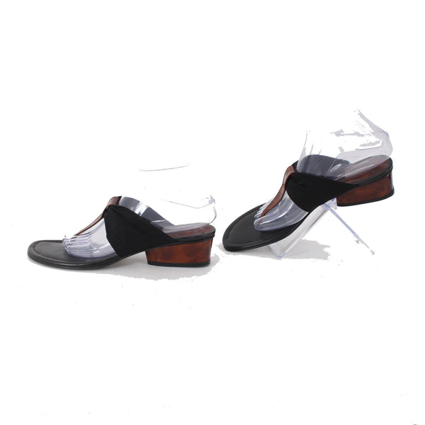 Donald J Pliner Heels Sz 9.5 M Black Brown Open Toe Leather Fabric Mesh 2" Heels
