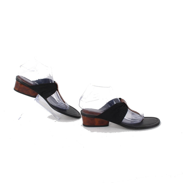 Donald J Pliner Heels Sz 9.5 M Black Brown Open Toe Leather Fabric Mesh 2" Heels