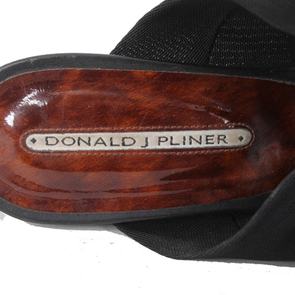 Donald J Pliner Heels Sz 9.5 M Black Brown Open Toe Leather Fabric Mesh 2" Heels