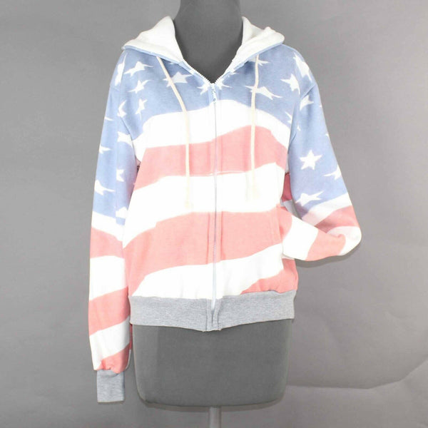 Anna Kaci Sz M Red White Blue Stars Stripes Hooded Zip Cotton Blend Jacket