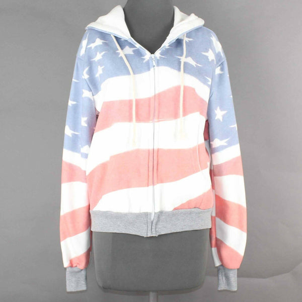 Anna Kaci Sz M Red White Blue Stars Stripes Hooded Zip Cotton Blend Jacket