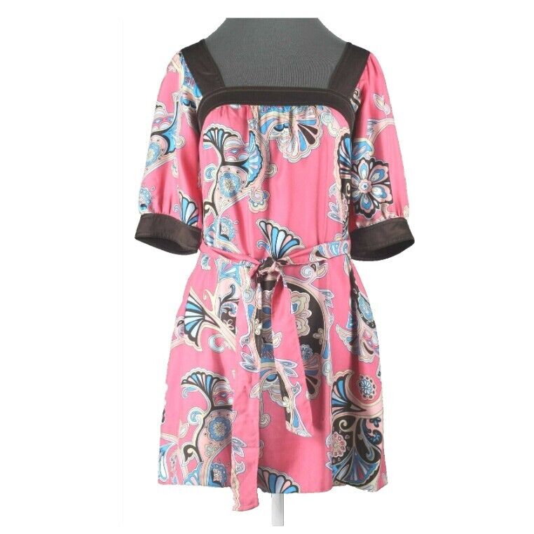 Banana Republic Sz XS Pink Brown Multi Belted Pockets 100% Silk Tunic Dress