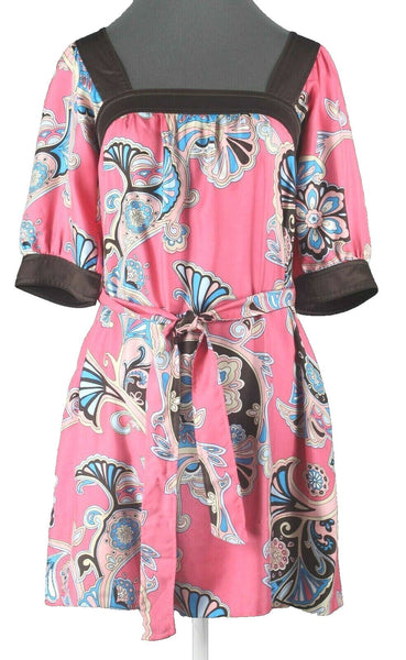 Banana Republic Sz XS Pink Brown Multi Belted Pockets 100% Silk Tunic Dress