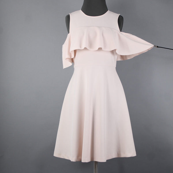 Nanette Lepore Sz 2 Light Pink Ruffle Bodice Cold Shoulder Poly Spandex Dress