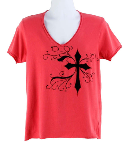 History Sz S Red Black Cotton Blend Short Sleeve V Neck Embellished T Shirt