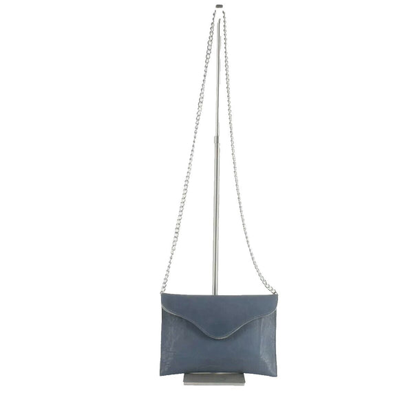 JJ Winters 7 x 10 Blue Leather Silver Crossbody Chain Convert Clutch Purse