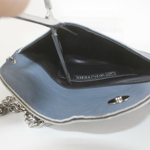 JJ Winters 7 x 10 Blue Leather Silver Crossbody Chain Convert Clutch Purse