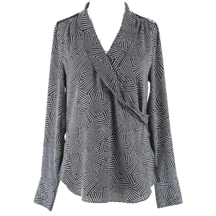 White House BM Sz 4 Black White Geo Polka Dot Faux Wrap Polyester Blend Top