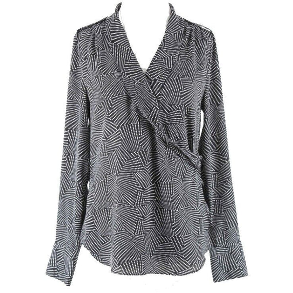 White House BM Sz 4 Black White Geo Polka Dot Faux Wrap Polyester Blend Top