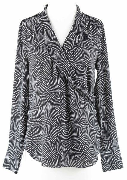 White House BM Sz 4 Black White Geo Polka Dot Faux Wrap Polyester Blend Top