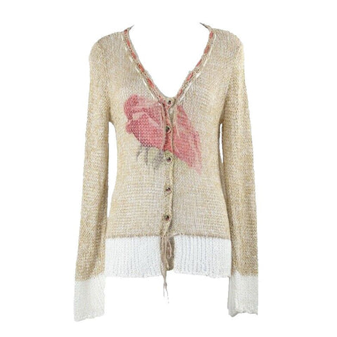 Double U Sz M Tan Gold Multi Open Weave Boho Acetate Acrylic Blend Sweater
