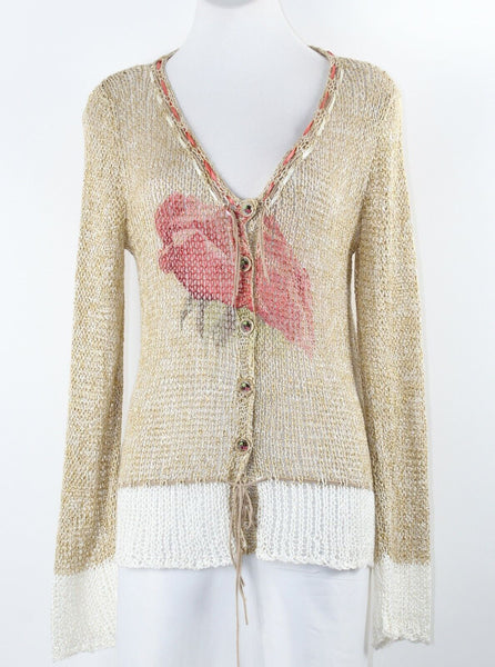 Double U Sz M Tan Gold Multi Open Weave Boho Acetate Acrylic Blend Sweater
