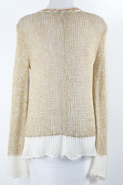 Double U Sz M Tan Gold Multi Open Weave Boho Acetate Acrylic Blend Sweater