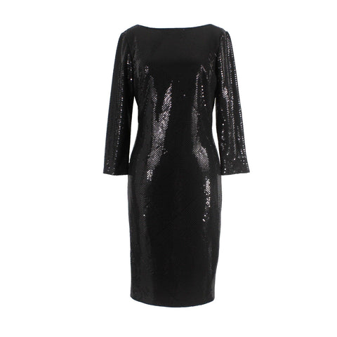 CHETTA B New Sz 4 Black All Over Sequin V Back Kick Pleat 100% Poly Dress
