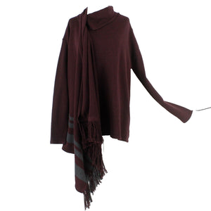 CAbi Sz M Burgundy Gray Fringe Detail 1 Neck Button Wrap Around Cotton Wrap