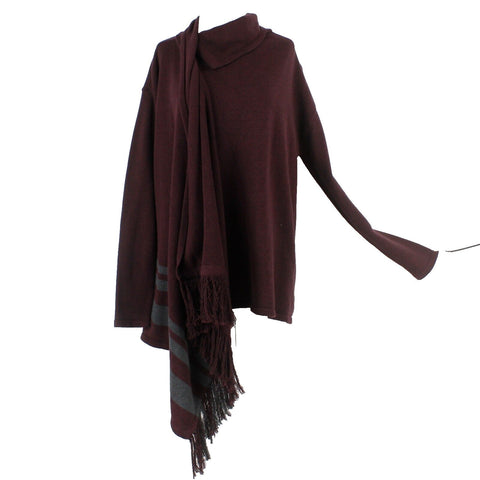 CAbi Sz M Burgundy Gray Fringe Detail 1 Neck Button Wrap Around Cotton Wrap