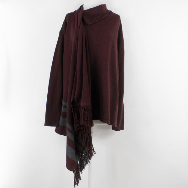 CAbi Sz M Burgundy Gray Fringe Detail 1 Neck Button Wrap Around Cotton Wrap