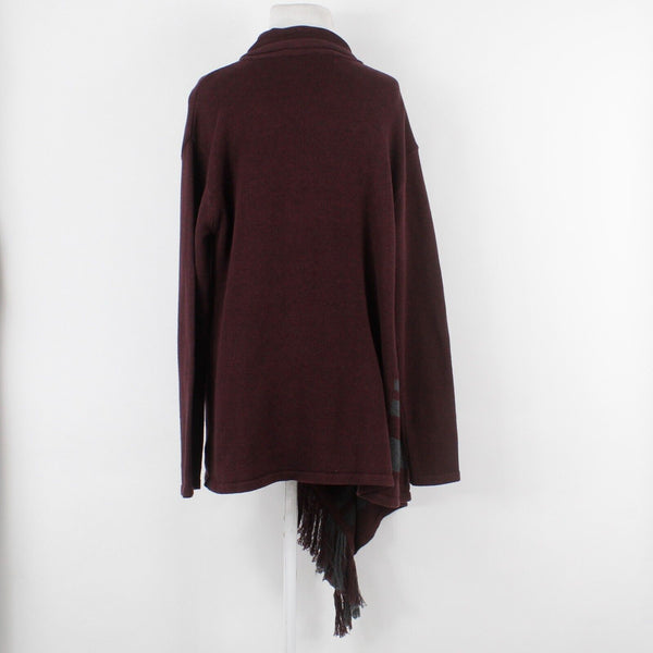 CAbi Sz M Burgundy Gray Fringe Detail 1 Neck Button Wrap Around Cotton Wrap