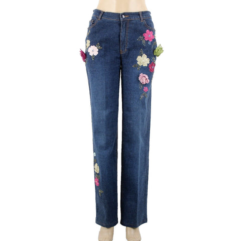 V Very Vera ALTERED Sz 8 x 33 Denim Blue Embroid Beaded Floral Ramie Cotton Jean