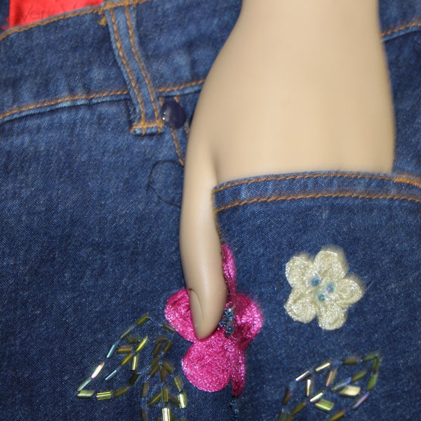 V Very Vera ALTERED Sz 8 x 33 Denim Blue Embroid Beaded Floral Ramie Cotton Jean