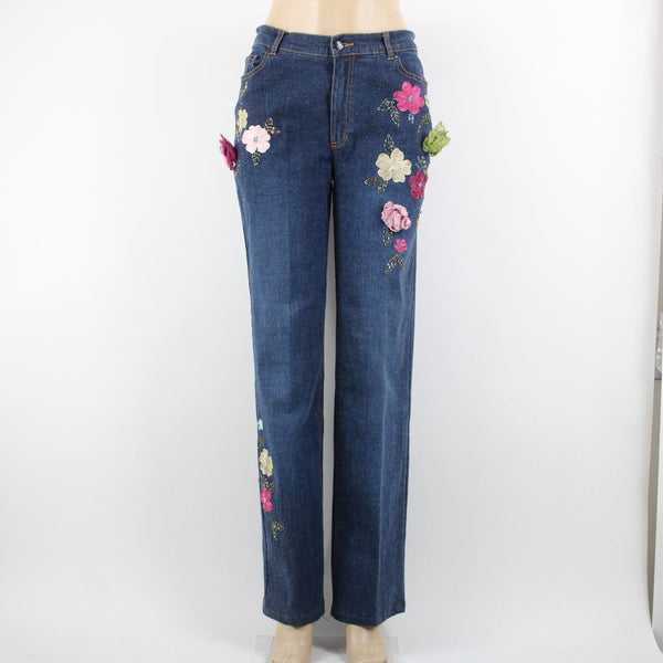 V Very Vera ALTERED Sz 8 x 33 Denim Blue Embroid Beaded Floral Ramie Cotton Jean