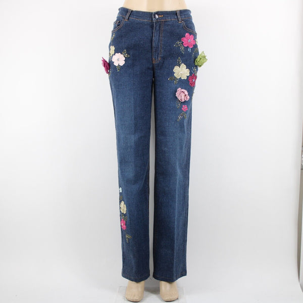 V Very Vera ALTERED Sz 8 x 33 Denim Blue Embroid Beaded Floral Ramie Cotton Jean