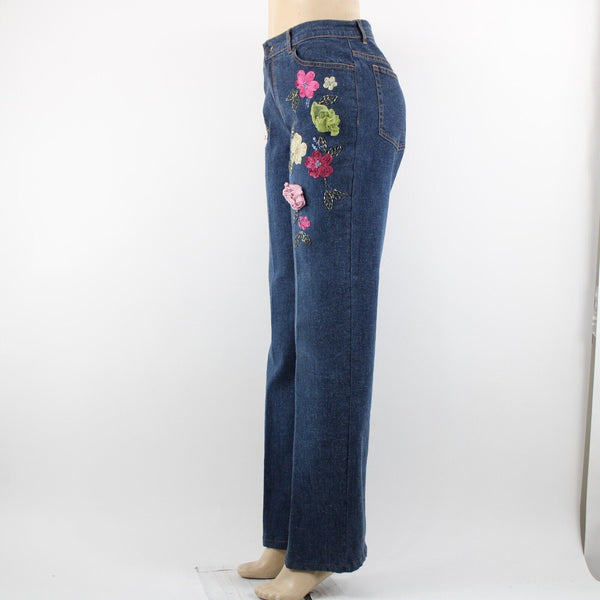 V Very Vera ALTERED Sz 8 x 33 Denim Blue Embroid Beaded Floral Ramie Cotton Jean
