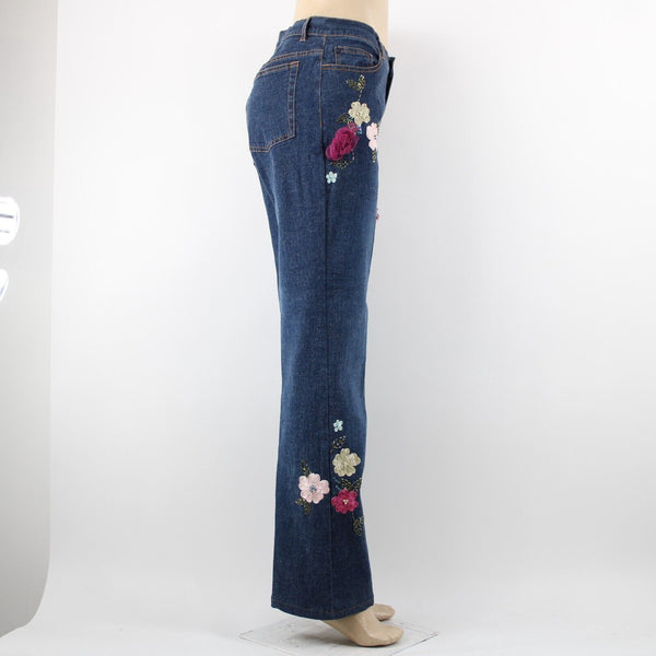 V Very Vera ALTERED Sz 8 x 33 Denim Blue Embroid Beaded Floral Ramie Cotton Jean