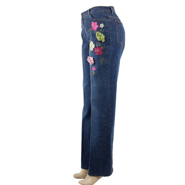 V Very Vera ALTERED Sz 8 x 33 Denim Blue Embroid Beaded Floral Ramie Cotton Jean