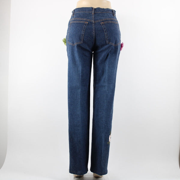V Very Vera ALTERED Sz 8 x 33 Denim Blue Embroid Beaded Floral Ramie Cotton Jean