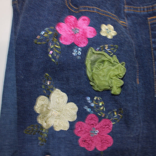 V Very Vera ALTERED Sz 8 x 33 Denim Blue Embroid Beaded Floral Ramie Cotton Jean