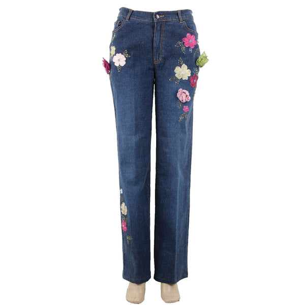 V Very Vera ALTERED Sz 8 x 33 Denim Blue Embroid Beaded Floral Ramie Cotton Jean