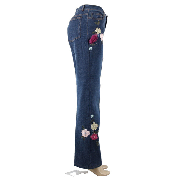 V Very Vera ALTERED Sz 8 x 33 Denim Blue Embroid Beaded Floral Ramie Cotton Jean