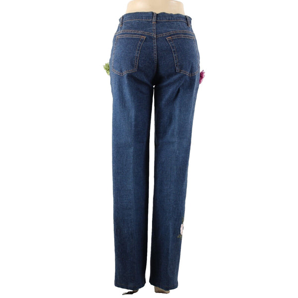 V Very Vera ALTERED Sz 8 x 33 Denim Blue Embroid Beaded Floral Ramie Cotton Jean