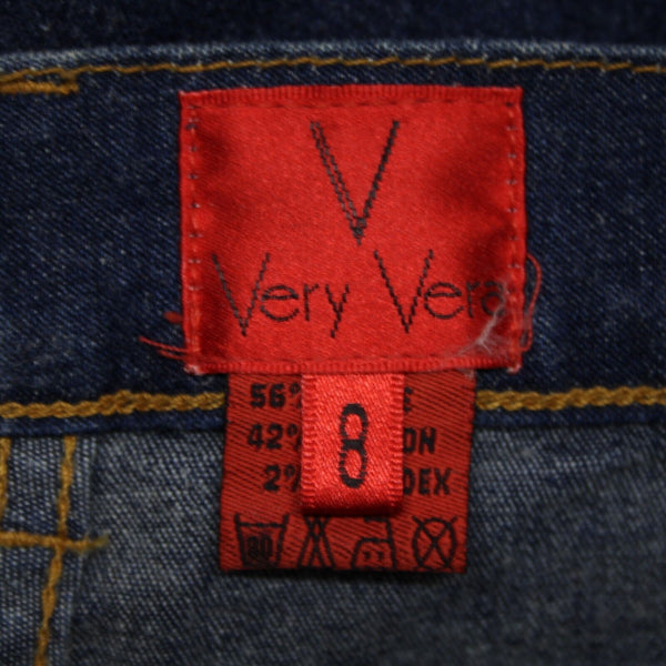 V Very Vera ALTERED Sz 8 x 33 Denim Blue Embroid Beaded Floral Ramie Cotton Jean