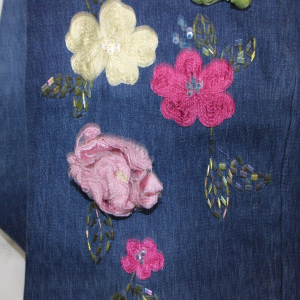 V Very Vera ALTERED Sz 8 x 33 Denim Blue Embroid Beaded Floral Ramie Cotton Jean