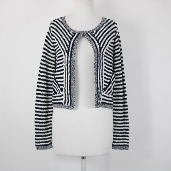 Diane Von Furstenberg Sz S Navy Blue White Striped Tight Knit Wrap Sweater