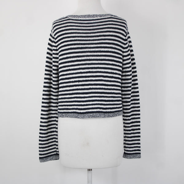 Diane Von Furstenberg Sz S Navy Blue White Striped Tight Knit Wrap Sweater