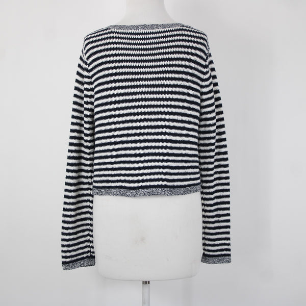 Diane Von Furstenberg Sz S Navy Blue White Striped Tight Knit Wrap Sweater
