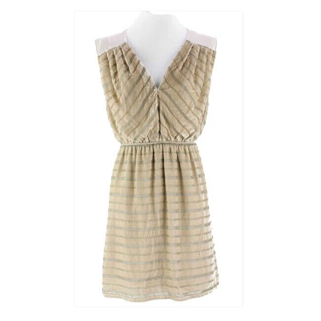 Aryn K NEW $120 Sz S Gold Taupe Velvet Stripe Satin Neck Back V Dress