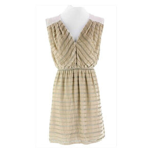 Aryn K NEW $120 Sz S Gold Taupe Velvet Stripe Satin Neck Back V Dress