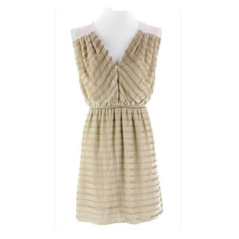 Aryn K NEW $120 Sz S Gold Taupe Velvet Stripe Satin Neck Back V Dress