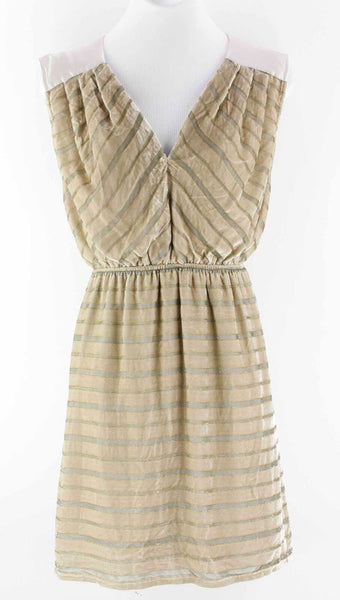 Aryn K NEW $120 Sz S Gold Taupe Velvet Stripe Satin Neck Back V Dress