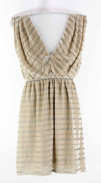 Aryn K NEW $120 Sz S Gold Taupe Velvet Stripe Satin Neck Back V Dress