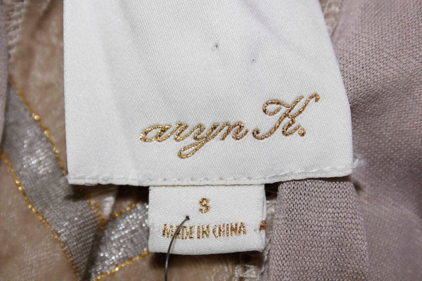 Aryn K NEW $120 Sz S Gold Taupe Velvet Stripe Satin Neck Back V Dress