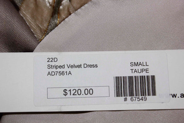 Aryn K NEW $120 Sz S Gold Taupe Velvet Stripe Satin Neck Back V Dress