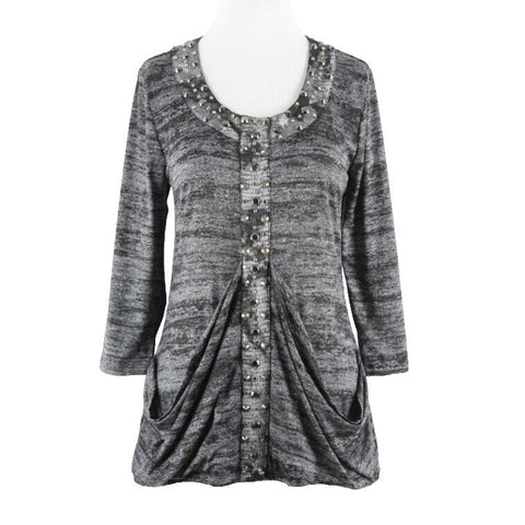 Alberto Makali Sz M Gray Multi Silver Studs Drape Pocket Nylon Blend Top