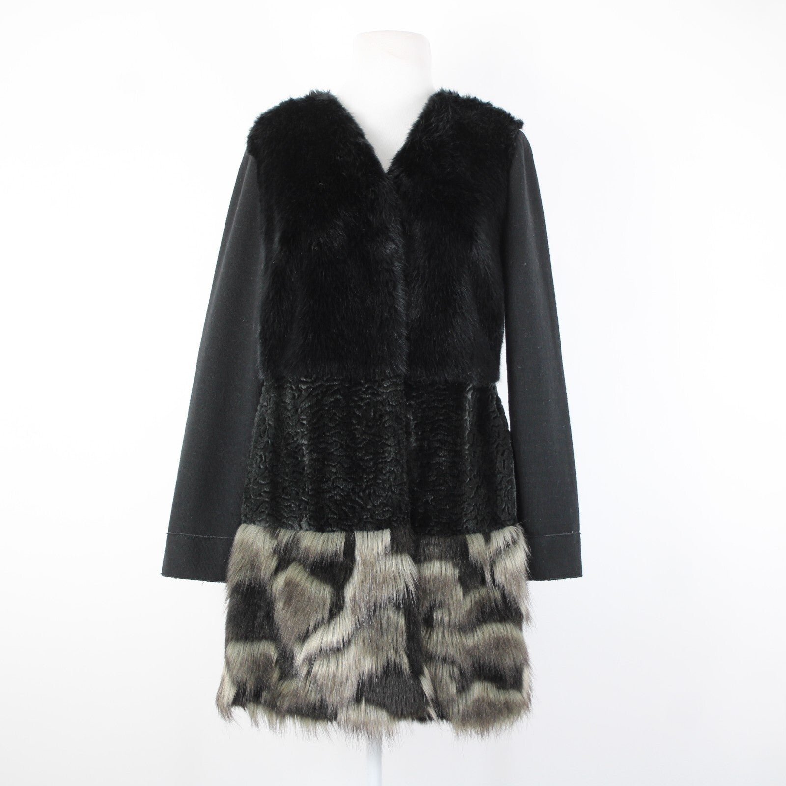 Frank Lyman Sz M Black Gray Pockets Faux Fur Poly Wool Acrylic Jacket